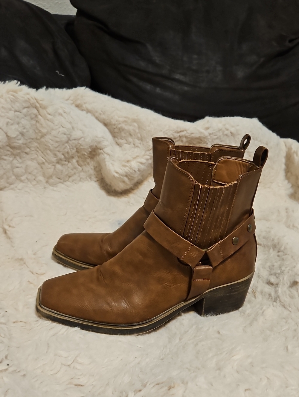 Women's Tan Faux Leather Harness Chelsea Booties